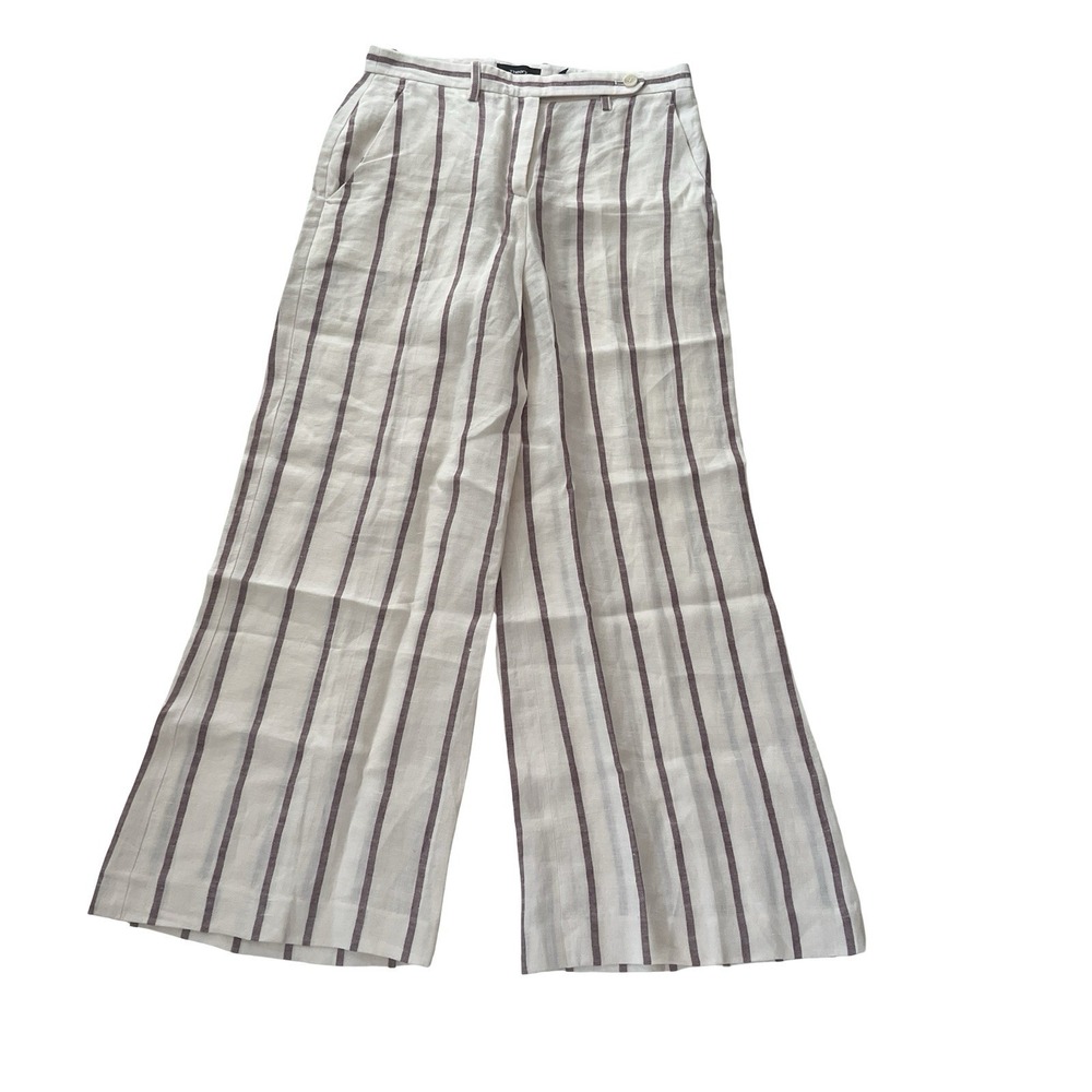 Theory Women's Size 0 100% Linen Pants Ivory Brown Stripe Wide Leg Lightweight